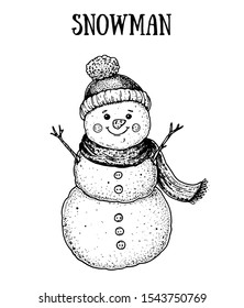 Smiling snowman. Snowman engraved style illustration. Hand drawn sketch with snowman. Vector illustration. 