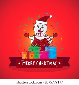 Smiling Snowman With Gift On Beautiful Color background