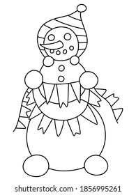 Smiling snowman in hat with garland of flags vector coloring page. Funny winter holidays character black outline isolated on white. Merry Christmas and Happy New Year home pastime printable worksheet