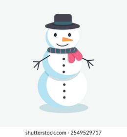 Smiling snowman in hat and scarf in flat cartoon style on white background. Poster, Banner, Flyer, Greeting Card. Vector illustration