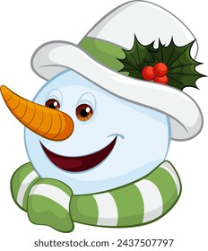 Smiling snowman with hat and scarf illustration.