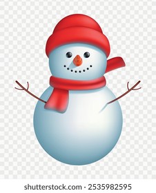 Smiling snowman in a hat and scarf on a transparent background. Symbol of Christmas and New Year. Vector flat illustration
