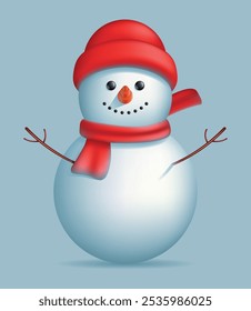 Smiling snowman in a hat and scarf on a blue background. Symbol of Christmas and New Year. Vector flat illustration