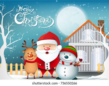 Smiling snowman, High detailed vector illustration ,Happy Merry Christmas and happy new year companions. snowman on night background