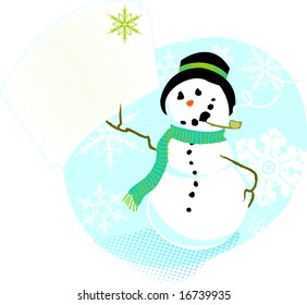 Smiling snowman holds up a note, you fill in with your own text, or print out and hand-write. Vector, fully editable & scalable.
