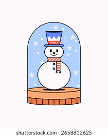 Muñeco de nieve sonriente dentro de una cúpula de cristal estilo globo de nieve rodeado por el copo de nieve que cae en la mano del Vector de la ilustración de la historieta dibujada para la Navidad, vacaciones de invierno, tarjetas de felicitación