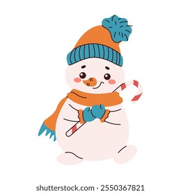 Smiling snowman in knitted hat holding candy cane flat color vector character. Symbol of winter holidays illustration on white background