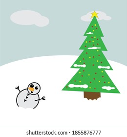 A smiling snowman next to a colorful Christmas tree on the snow. Vector