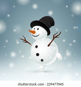 Smiling snowman on one leg