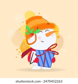 Diseño de postal de muñeco de nieve sonriente. Dibujo de muñeco de nieve en sombrero naranja y bufanda roja sosteniendo caja de regalo. Se puede utilizar para temas como Navidades, vacaciones, festival, dibujos animados