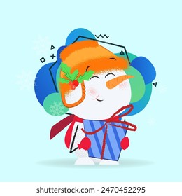 Smiling snowman postcard design element. Drawing of snowman in orange hat and red scarf holding gift box. Can be used for topics like Christmas, holiday, festival, cartoon