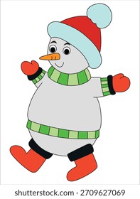 Muñeco de nieve sonriente en botas rojas ilustración de personaje de vacaciones de invierno