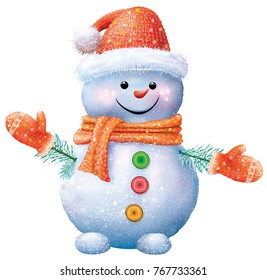 Smiling snowman in red hat and gloves. Vector illustration