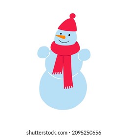 Smiling snowman in red hat and scarf. Flat vector illustration isolated on white.