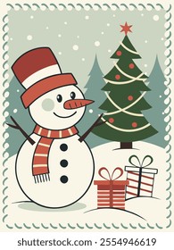 Smiling snowman in a red hat and scarf, decorated Christmas tree with wrapped presents, framed with a decorative border, snowy background. Flat vintage-style