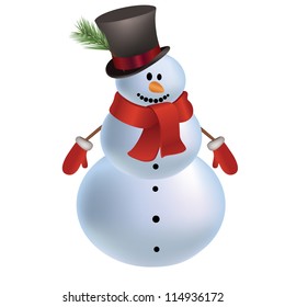 smiling snowman with a red scarf and hat. isolated on a white background. mesh vector illustration.