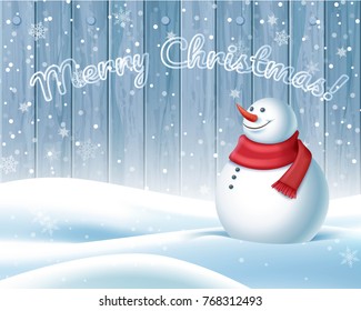 smiling snowman in a red scarf and hat with xmas congratulations on a snowfall background