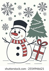 Smiling snowman with a red scarf and top hat holding a wrapped present, Christmas tree with snowflakes in the background. Flat winter illustration. For Christmas cards and festive prints