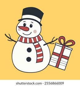 Smiling snowman with a red scarf and top hat holding a gift, yellow background. Flat festive illustration. For Christmas greeting cards and holiday decor