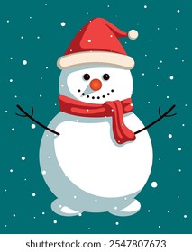 Smiling snowman in a Santa Claus hat and scarf against a background of falling snow. Symbol of New Year and Christmas. Vector flat illustration