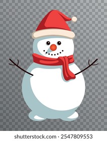 Smiling snowman in a Santa Claus hat and scarf on a transparent background. Symbol of New Year and Christmas. Vector flat illustration