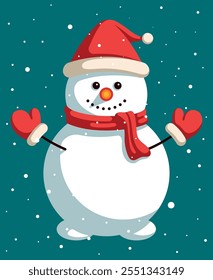 A smiling snowman in a Santa Claus hat and mittens against the background of falling snow. Symbol of New Year and Christmas. Vector flat illustration