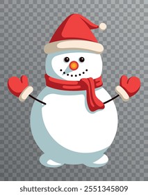 Smiling snowman in a Santa Claus hat and mittens on a transparent background. Symbol of New Year and Christmas. Vector flat illustration