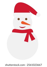 Smiling snowman with santa claus hat and red scarf. Vector illustration