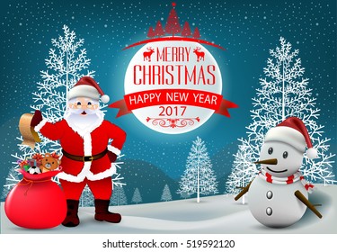 Smiling snowman and Santa Clause, High detailed vector illustration ,Happy Merry Christmas and happy new year companions