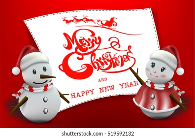 Smiling snowman and Santa Clause, High detailed vector illustration ,Happy Christmas and happy new year companions.