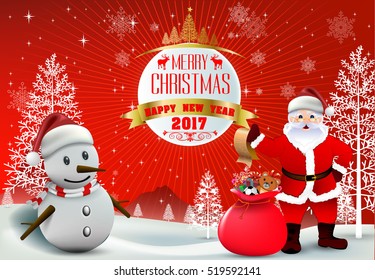 Smiling snowman and Santa Clause, High detailed vector illustration ,Happy Merry Christmas and happy new year companions. snowy and snow man on night background