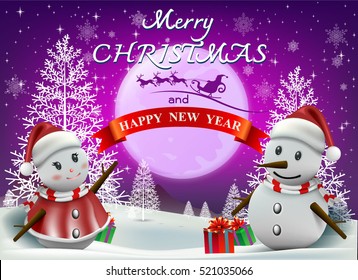 Smiling snowman and Santa Clause, High detailed vector illustration ,Happy Merry Christmas and happy new year companions.