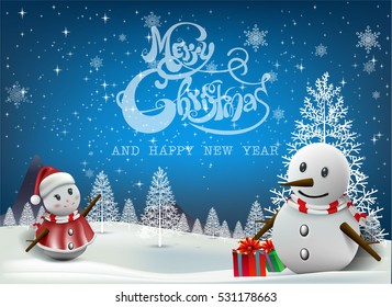 Smiling snowman and Santa Clause, High detailed vector illustration Merry Christmas! Happy Christmas