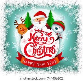 Smiling snowman and Santa Clause, High detailed vector illustration ,Happy Merry Christmas and happy new year companions. snowy and snow man on night background