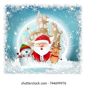 Smiling snowman and Santa Clause, High detailed vector illustration ,Happy Merry Christmas and happy new year companions. snowy and snow man on night background