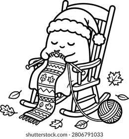 A smiling snowman in a Santa hat and scarf sits in a wooden rocking chair with yarn and leaves around.