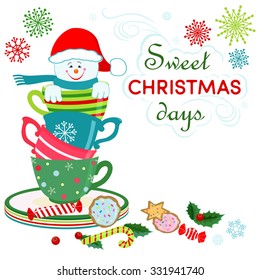 Smiling snowman is sitting in the rainbow colored cups with candies under them