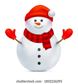 Smiling snowman vector illustration. Santa Claus with red hat and gloves isolated on a white background. Christmas, Happy New Year, or winter holiday design decoration. Funny Xmas character.