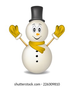 Smiling snowman wearing mittens, hat and scarf