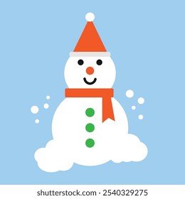 Smiling snowman wearing a red hat and scarf, Christmas cartoon, Vector illustration.