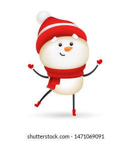 Smiling snowman wearing red knit hat and scarf vector cartoon. Winter, New Year, celebration. Christmas concept. Vector illustration can be used for topics like holiday, season, childhood