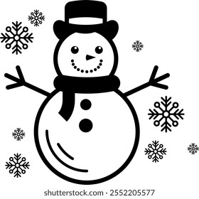 smiling snowman wearing scarf and top hat icon