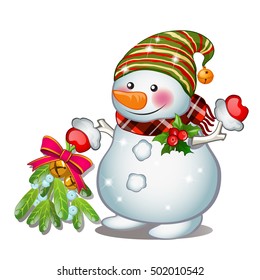 A smiling snowman wearing a striped cap. Sketch for greeting card, festive poster or party invitations.The attributes of Christmas and New year. Vector illustration.