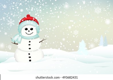 Smiling snowman in winter landscape with snow, snowflakes and trees - vector illustration