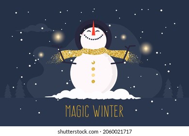 Hombre de nieve sonriente en la noche de invierno. Ilustración vectorial.