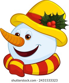 Hombre de nieve sonriente con sombrero amarillo y bufanda roja.