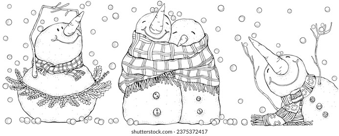 Smiling Snowmen. Ballet dancer, Cute Pair. Winter. Christmas, Happy New Year. Adult Coloring Book page. Black and white. Doodle.