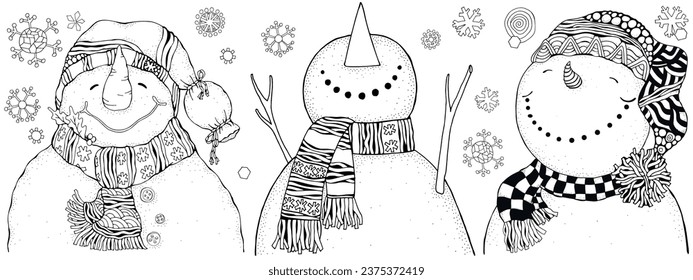 Hombres de Nieve sonriendo. Invierno. Navidad, Feliz Año Nuevo. Página Libro de Colores para Adultos. Blanco y negro. Doodle.