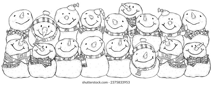 Smiling Snowmen. Winter. Christmas, Happy New Year. Adult Coloring Book page. Black and white. Doodle.