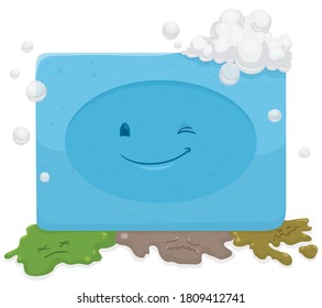 Smiling soap with foam in it, smashing the dirt and diseases, promoting cleaning habits.